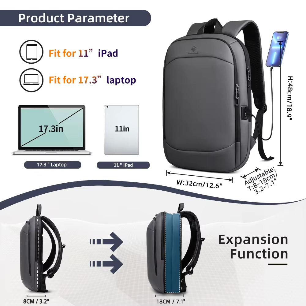 Men'S Expandable Backpack Multifunction 17.3Inch Laptop Bag Fashion Waterproof Travel Backpack Lightweight Business Bag